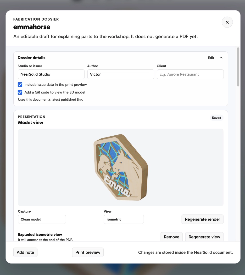 Fabrication dossier panel with project details, model view and presentation options