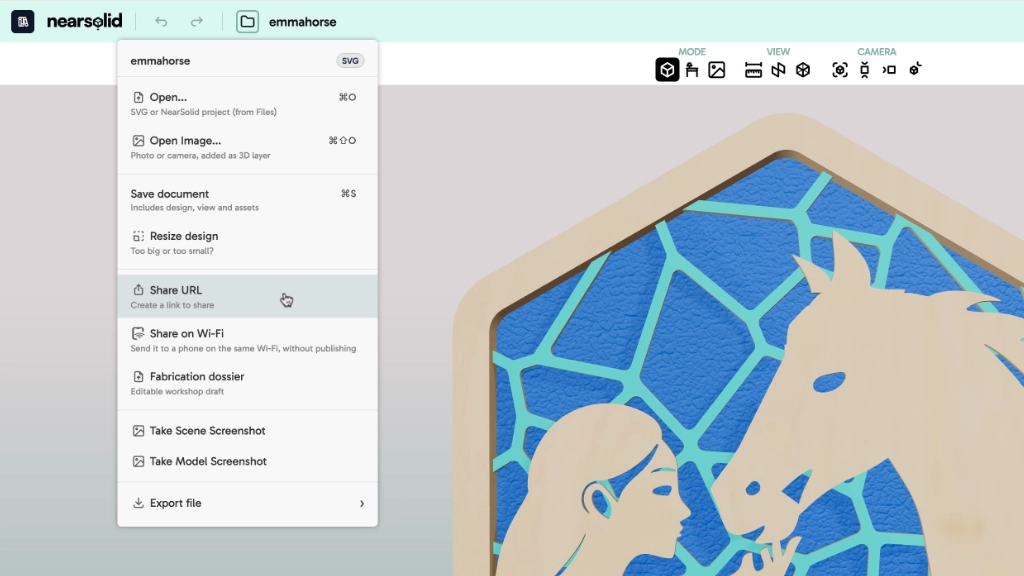 NearSolid menu with options to share a link or a local Wi-Fi review